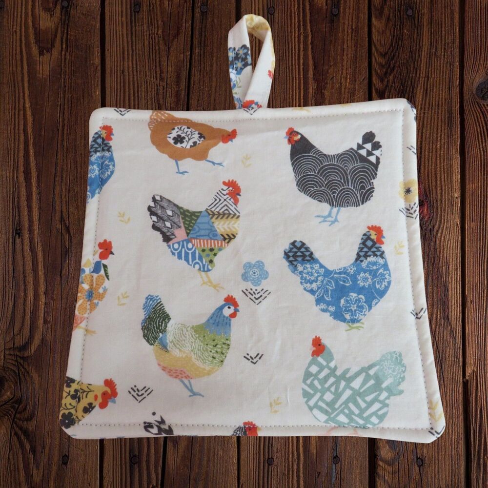 Handmade Potholder, Colorful Chickens